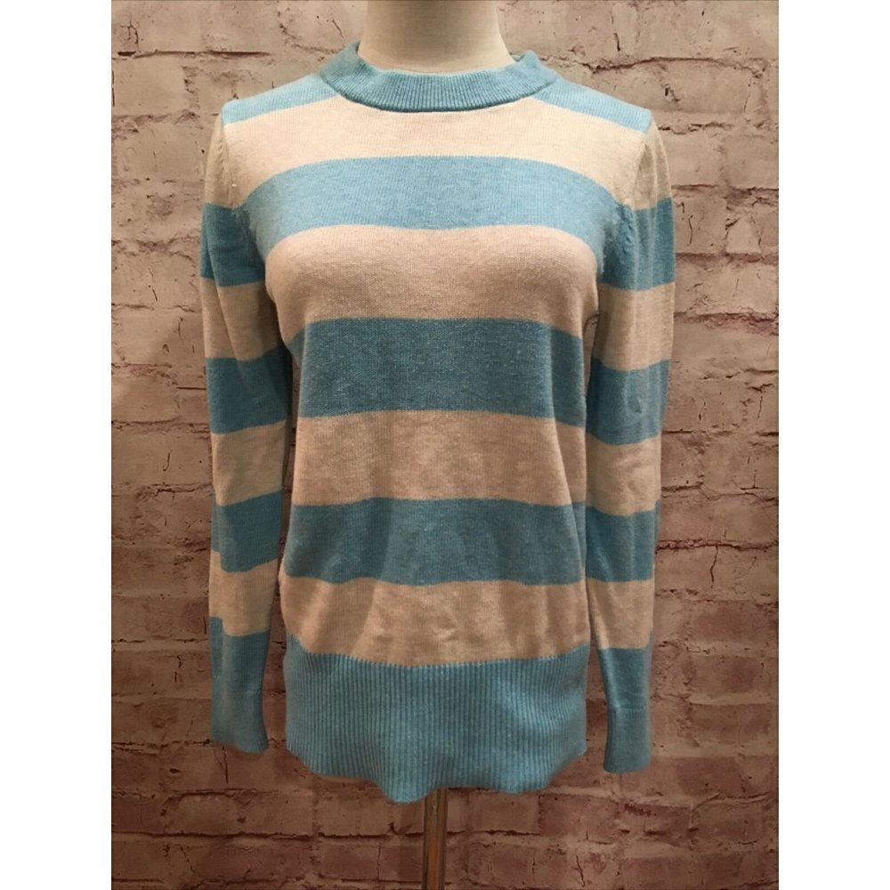 GAP Womens Aqua Blue Holiday Stripe Crewneck Sweater Stretch Cotton Blend Size S